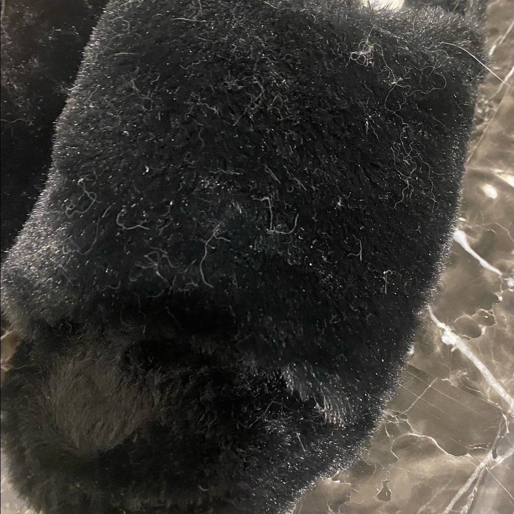 Black faux fur open toe slipper sandals